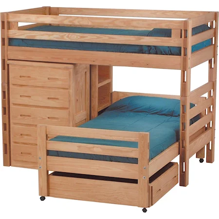Casual Twin Bed Set with Loft Bed, Caster Bed, and Multiple Storage Areas